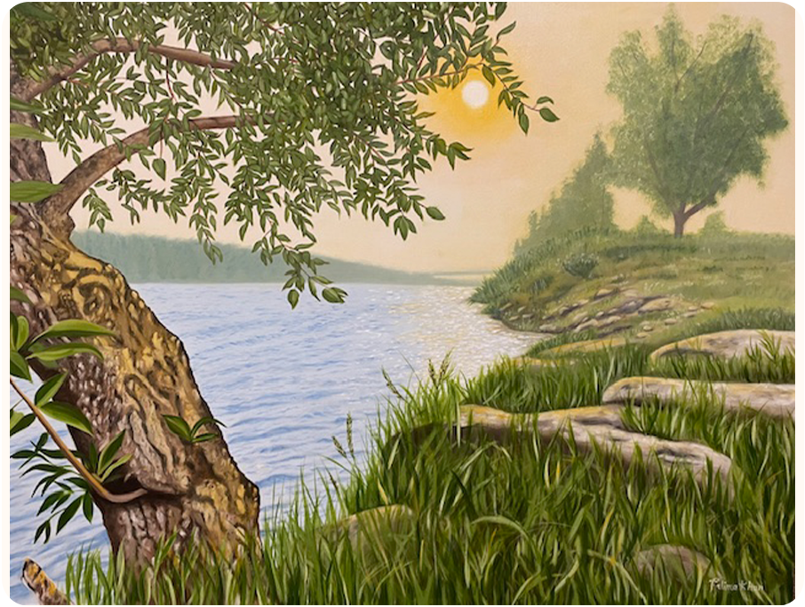 A landscape painting displaying a lakeside with a tree in the foreground, grassy terrain, and scattered rocks along the shore. The sun is partially visible.