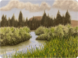 A landscape painting of a river winding through greenery, with bushes and tall grass in the foreground. Pine trees and mountains are in the background.