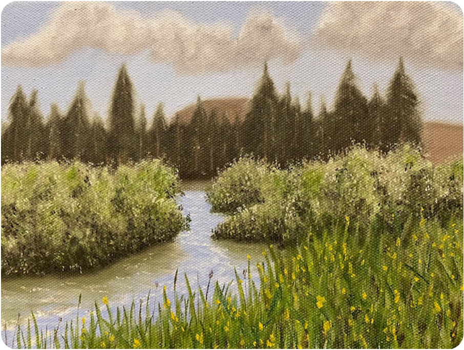 A landscape painting of a river winding through greenery, with bushes and tall grass in the foreground. Pine trees and mountains are in the background.