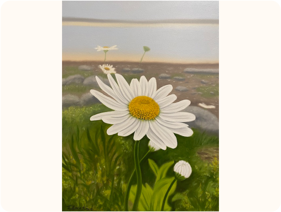 A painting of a daisy with white petals and a yellow center, surrounded by green grass. In the background there are daisies, rocks, and a shoreline.