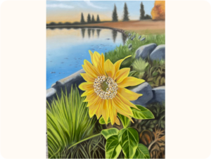 A painting of a yellow sunflower with green leaves. The background has water that reflects the trees, there is a rocky shoreline and grass.