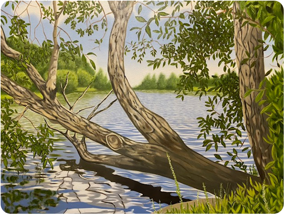 A painting of a tree with a leaning trunk that hovers over a river, surrounded by green leaves. The water reflects the tree and sky, and the background shows more trees and a partly cloudy sky.