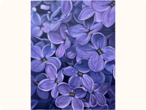 A close-up painting of purple flowers that have a yellow centres and the petals overlap.