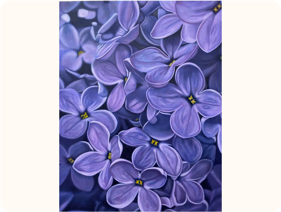 A close-up painting of purple flowers that have a yellow centres and the petals overlap.