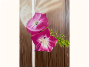 A painting of two pink flowers in bloom, attached to a green vine. The flowers have light pink and white centers with visible veins. The background has a wooden fence with sunlight streaming through.