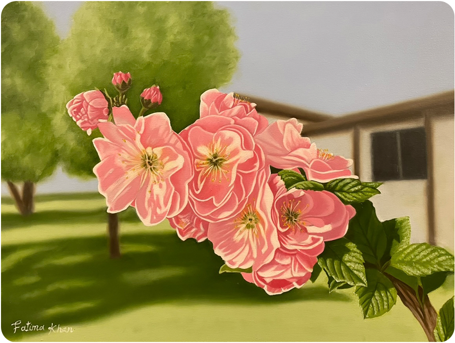 A painting of a branch with pink blossoms. The background features green grass, trees, and a house with a window.