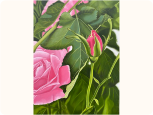 A painting of a pink rose in bloom with closed rosebud next to it. The background features green leaves and stems.