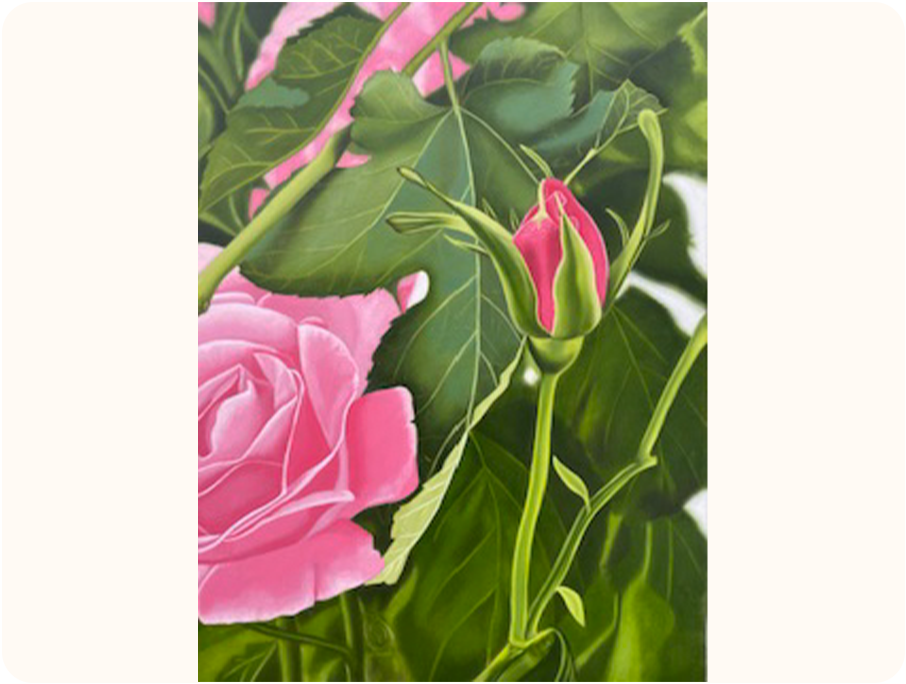 A painting of a pink rose in bloom with closed rosebud next to it. The background features green leaves and stems.