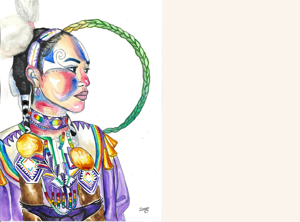 A colourful painting of an Indigenous woman in traditional attire, looking to the side with a braided circle behind her head.