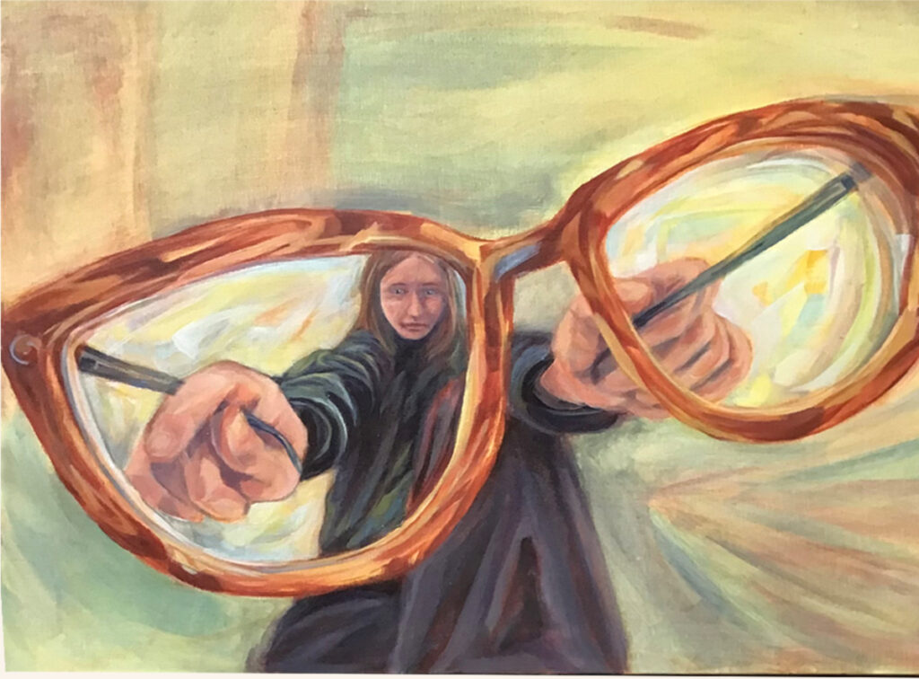 A painting featuring a person seen through oversized eyeglasses.The colours are warm earthy tones.