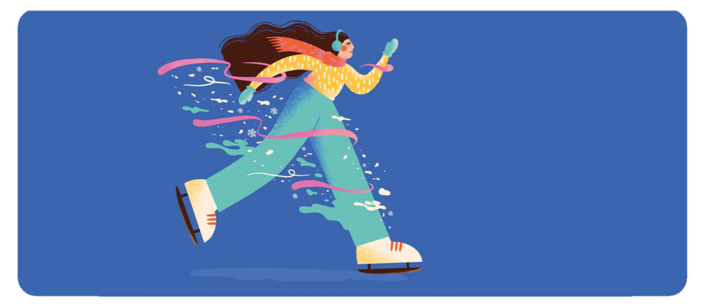 An illustration of a person ice skating on a blue background, wearing a yellow sweater, blue pants, a pink scarf, and headphones.