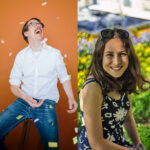 A collage of two images - Mark Hopkins sitting against an orange background laughing at confetti, Ezgi Turker sitting smiling in a flowery garden