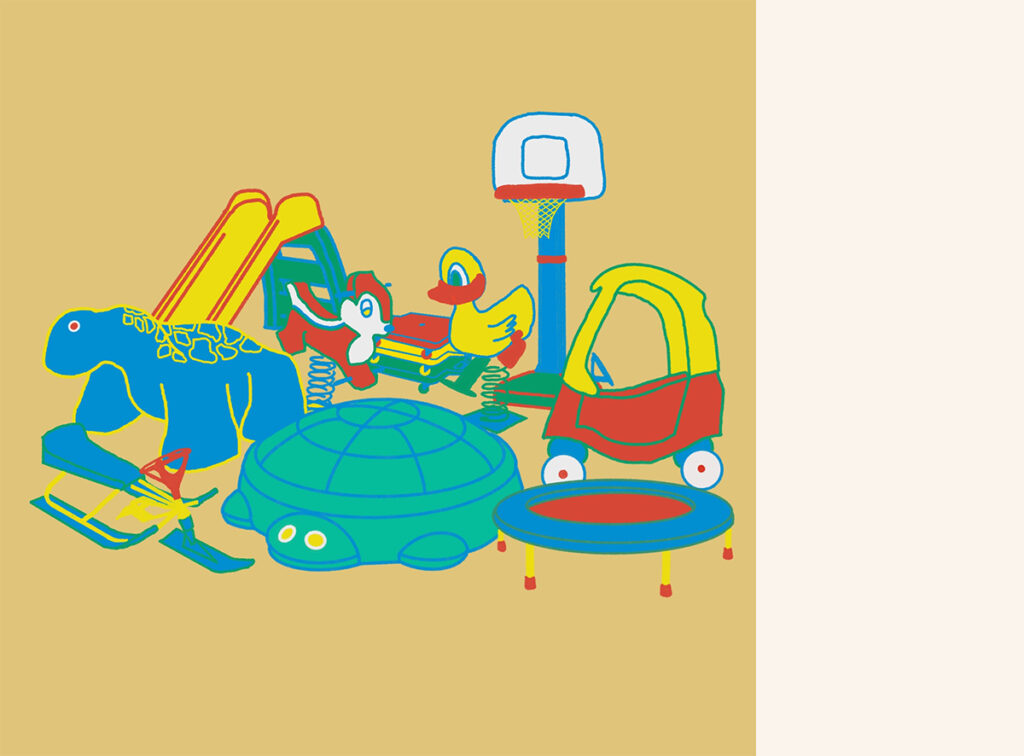 An illustration of colourful playground toys, like a turtle sandbox, slide and toy car.