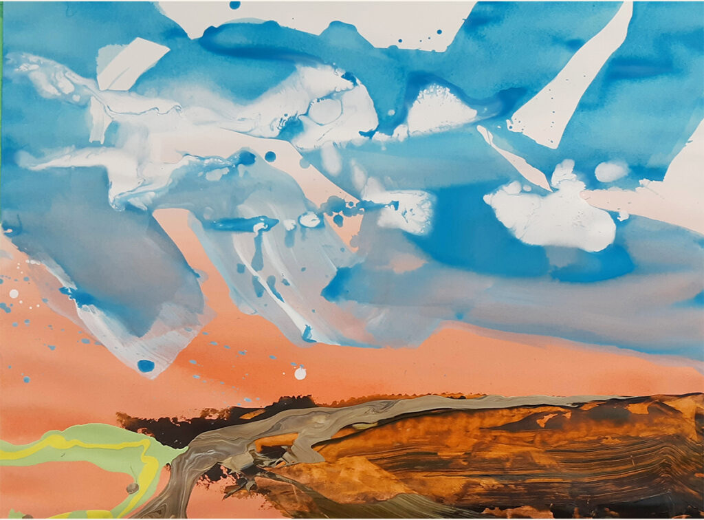 An abstract landscape with strokes of blue and white on top resembling the sky, and earthy brown and orange tones below, resembling land.
