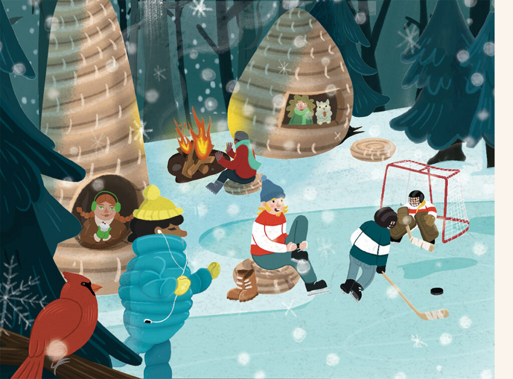 Kids and animals in a snowy forest. Some sit by a campfire, others play hockey on a frozen pond.