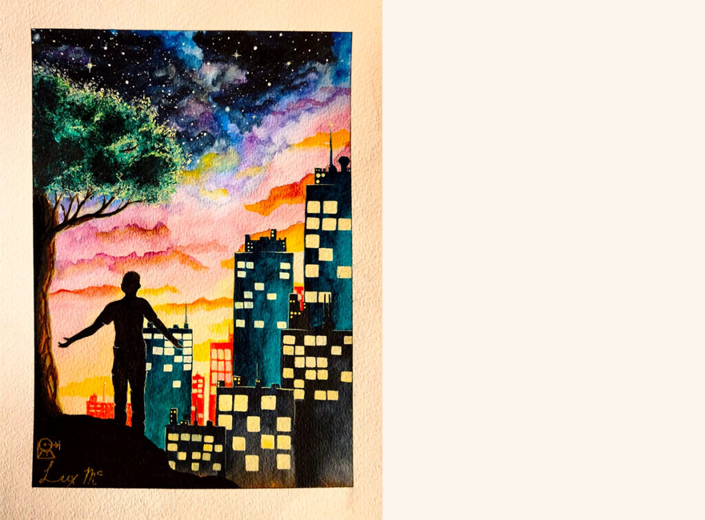 A colourful artwork showing a silhouette of a person standing next to a tree, overlooking city buildings under a sunset and starry sky.