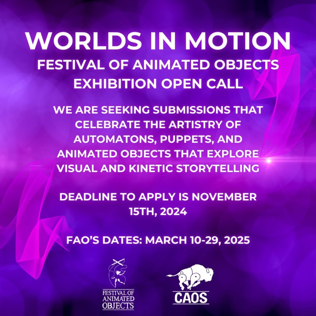 Graphic for the Festival of Animated Objects exhibition open submission call. Deadline to apply is November 15, 2024