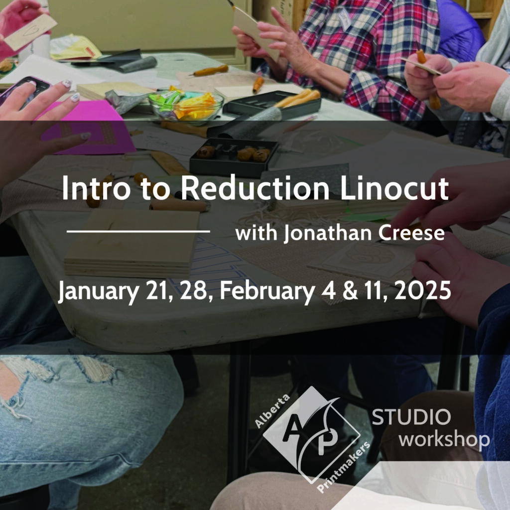 A graphic of artwork reading Intro to Reduction Linocut