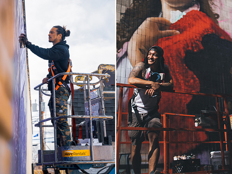 A collage of artist Alex Kwong in front of his murals