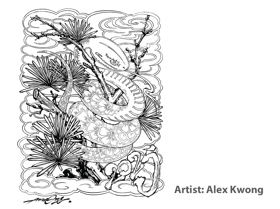 Black and white page for colouring by artist Alex Kwong for Year of the Snake