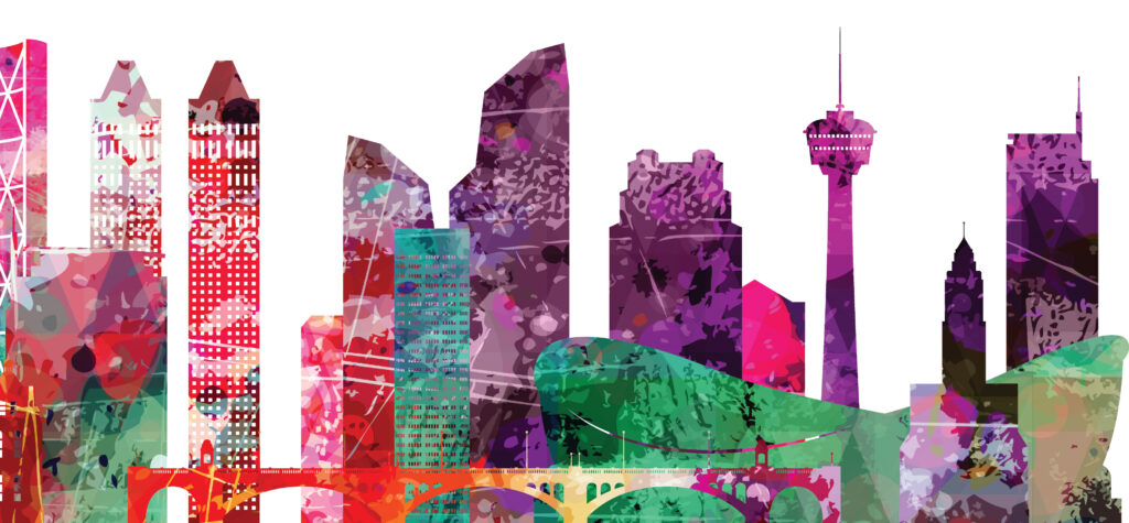 A colorful artist rendition of the city of Calgary skyline, full image