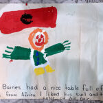 A kids drawing on paper done with colourful paints.
