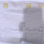 A children's drawing on paper with lights at the top and a selection of items on a table