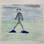 A children's drawing on white paper of a figure on green ground with blue skys and some dark clouds, it looks like pencil crayon or crayola style crayons.
