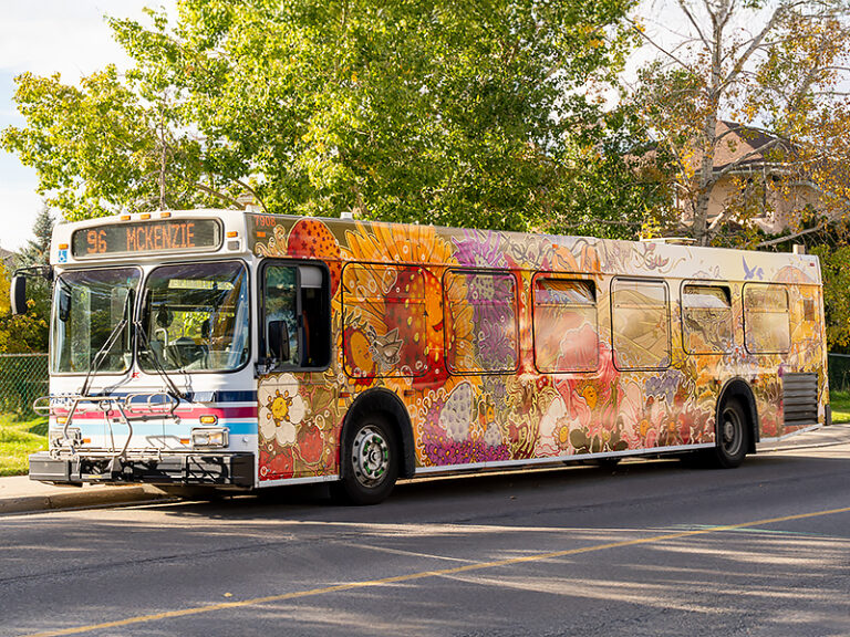 A Calgary transit bus wrapped with colourful floral artwork by Lyndon Navalta. The front and side of the bus is visible as is travels along a treed residential street.