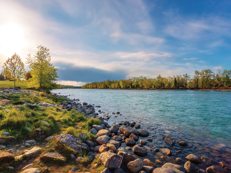 A photo of the Bow River with blue sky and autumn colours, as well as a close up of the shoreline with rocks and pebbles