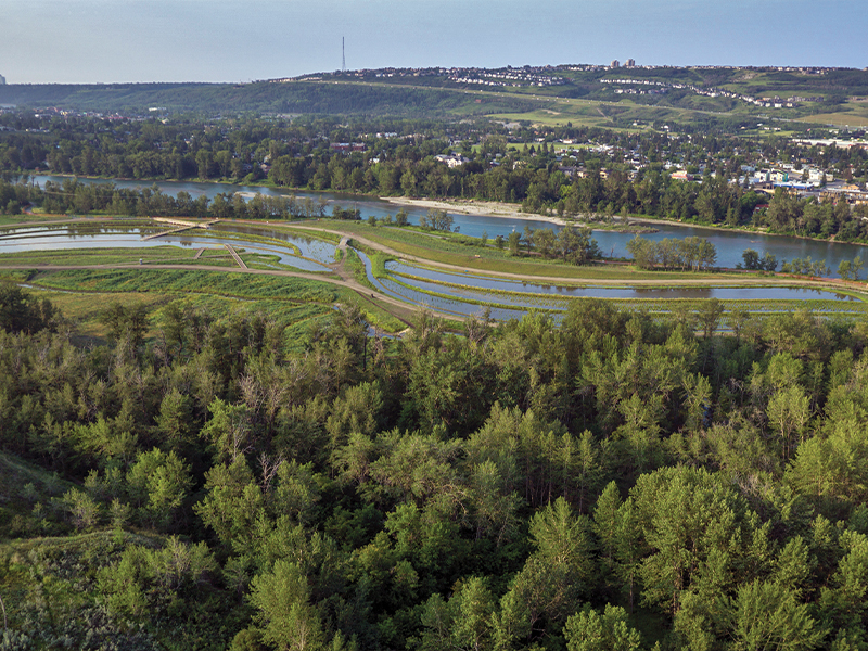 Aerial view of Dale Hodges park with the city in the background