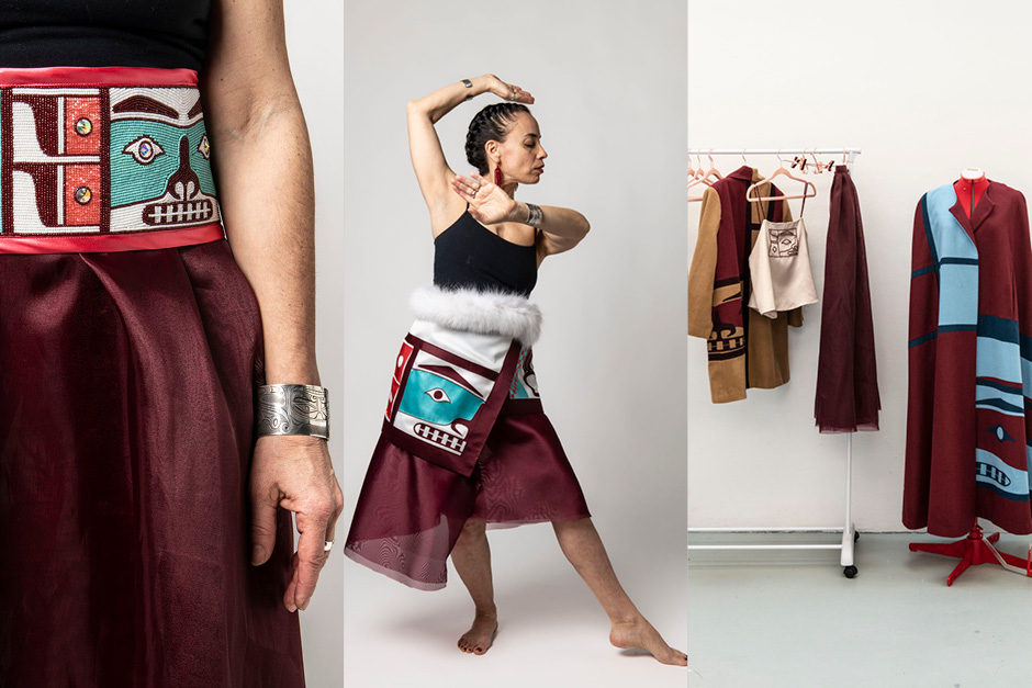 Indigenous fashions being displayed on a model and on clothing.