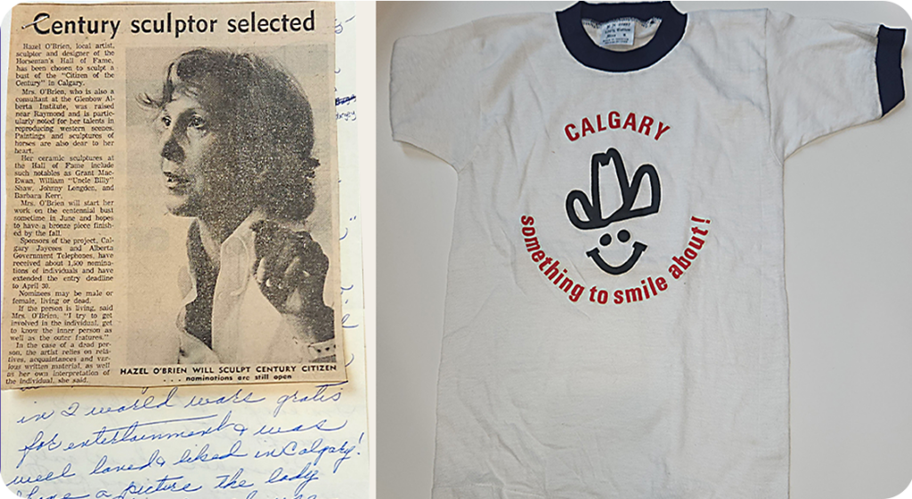 A montage of a newspaper clipping and a t-shirt. The clipping headline is: Century sculptor selected. The t-shrit says: Calgary, Something to smile about!