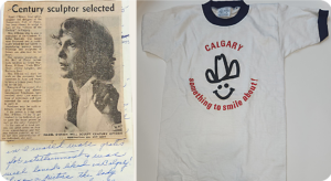 A montage of a newspaper clipping and a t-shirt. The clipping headline is: Century sculptor selected. The t-shrit says: Calgary, Something to smile about!