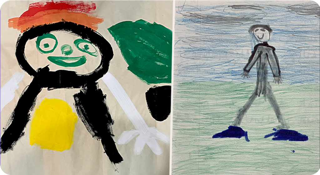 Montage picture of two artworks created by children with crayons and paint