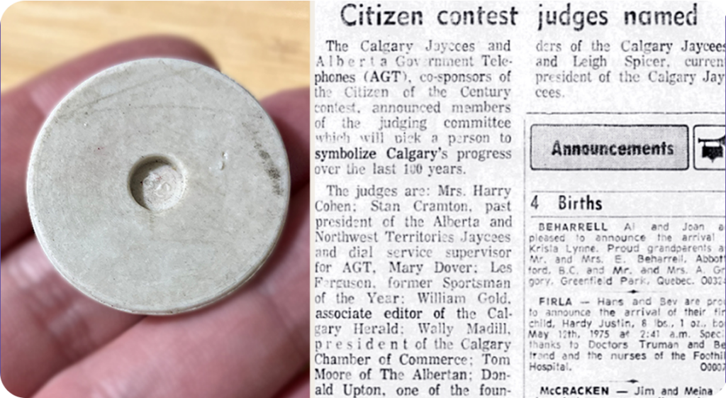 A montage image. Left: a smooth stone in the palm of a hand from the capsule. Right is a newspaper article titled: Citizen Contest Judges Named