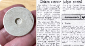 A montage image. Left: a smooth stone in the palm of a hand from the capsule. Right is a newspaper article titled: Citizen Contest Judges Named
