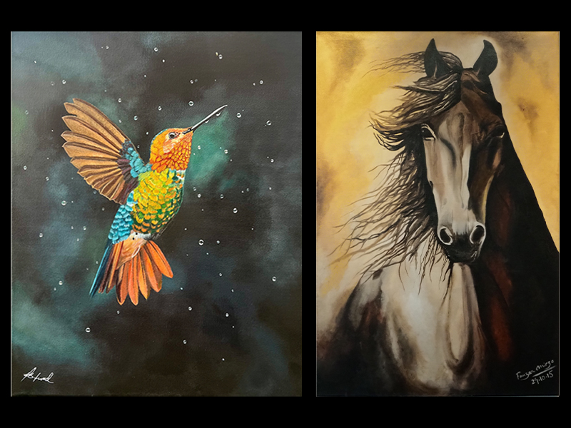 A montage of two paintings. On the left is a humming bird in flight with bright orange wings, by artist Muhammad Abdallah. Droplets of water seem to be frozen in time behind the bird. On the right, by artist Muhammad Fauzan Mirza, is a horse looking at the viewer, with its mane blowing to one side. The horse is dark brown and has a cast shadow on one side.