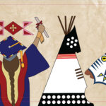 Illustration of Indigenous people and two graduates in regalia, with one saying “iikakimaat.” A tipi, horse and traditional patterns are also shown.
