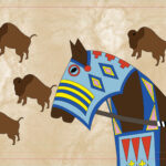 Illustration of an Indigenous person in a feathered headdress riding a decorated horse, with buffalo in the background and a tipi on the side.