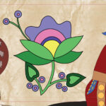 Illustration of two Indigenous people on horses, with a floral design in the centre. One holds a shield with buffalo and the other wears a floral headscarf and carries a bag.