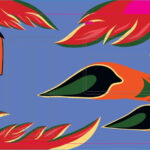 Rendering of a bus wrap design featuring a painted profile of a woman with flowing black and red hair, surrounded by bold abstract leaf shapes in red, green and orange on a blue background.