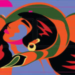 Rendering of a bus wrap design showing a painting of a woman with large red, orange, and green wings, set against a blue background with bold, flowing shapes.