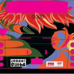 Rendering of the back of a bus featuring a vibrant design with a painted woman’s face, flowing red and orange hair-like shapes come from a dove, and bold colours. Logos for Calgary Arts Development and the City of Calgary appear at the bottom.