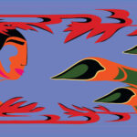 An artwork of a woman with flowing black and red hair facing bold swans that are green and orange, surrounded by swirling flame-like patterns on a blue background.