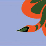 An artwork with a poem titled "self love" by Bianca Palacio on a soft purple background. On the right, a bold orange and green abstract form resembling a swan extends across the image. The Instagram handle @femininejacket appears below the poem.