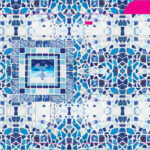 Rendering of a bus wrap design featuring a mosaic pattern in shades of blue and white with square tile-like images, overlaid on the full length of the bus. Pink accents highlight certain parts of the bus.