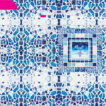 Rendering of a bus wrap design featuring a mosaic pattern in shades of blue and white with square tile-like images, overlaid on the full length of the bus. Pink accents highlight certain parts of the bus.