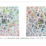 Two square ceramic mosaic artworks made of pastel coloured stoneware clay and illustrated tiles. Each piece features detailed underglaze drawings, including birds and floral patterns. Caption below reads: Mao and Chris. Revive 1 + 2, Stoneware Clay, Underglaze, Glaze. 12 x 12 x 1.5 inches each. 2024.