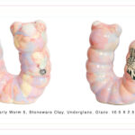 Two side views of a pastel pink and yellow ceramic sculpture shaped like a worm with glossy glaze and small black underglaze illustrations. Caption reads: Mao and Chris. Early Worm 5, Stoneware Clay, Underglaze, Glaze. 10.5 x 2.5 x 7 inches. 2022.
